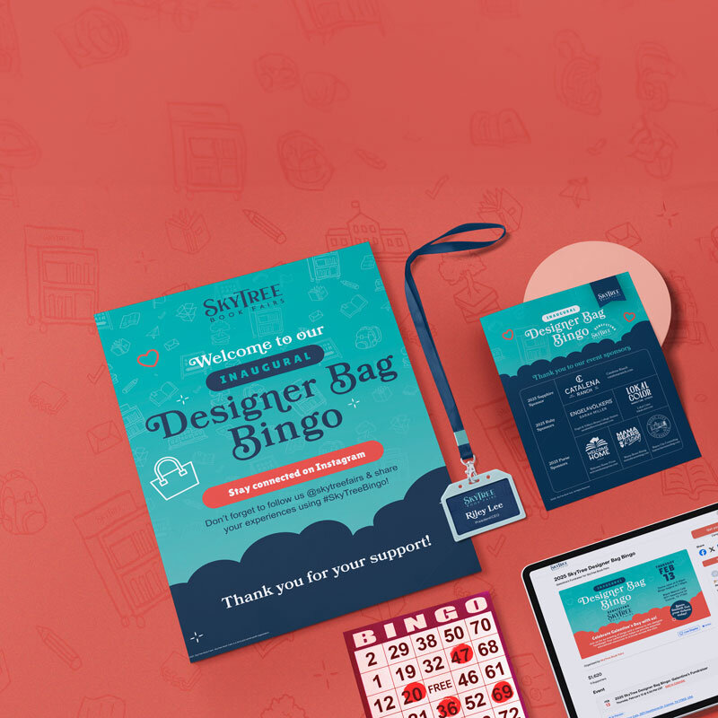 Flatlay of skytree book fair's designer bag bingo suite