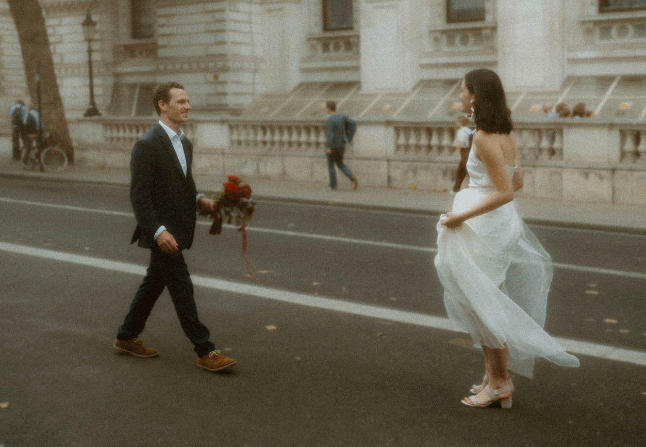 close up view of R's dress and bouqet