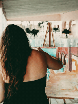 owner of Golden Ray Studio, Brin, Painting a couples portrait at a live event wedding
