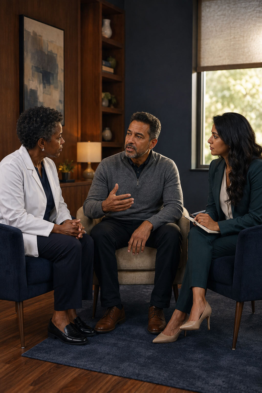 A man discussing his care with two professionals