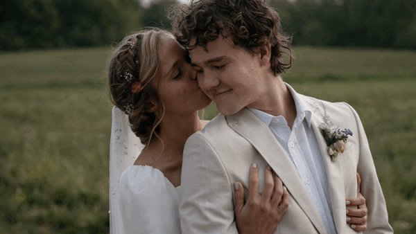 bride and groom at sunset