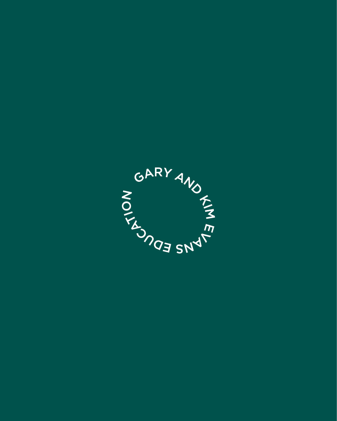 Circular education brand mark for Gary and Kim featuring clean typography in a minimal layout on emerald green.