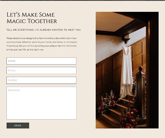 Wedding photographer website example contact page design for SEO