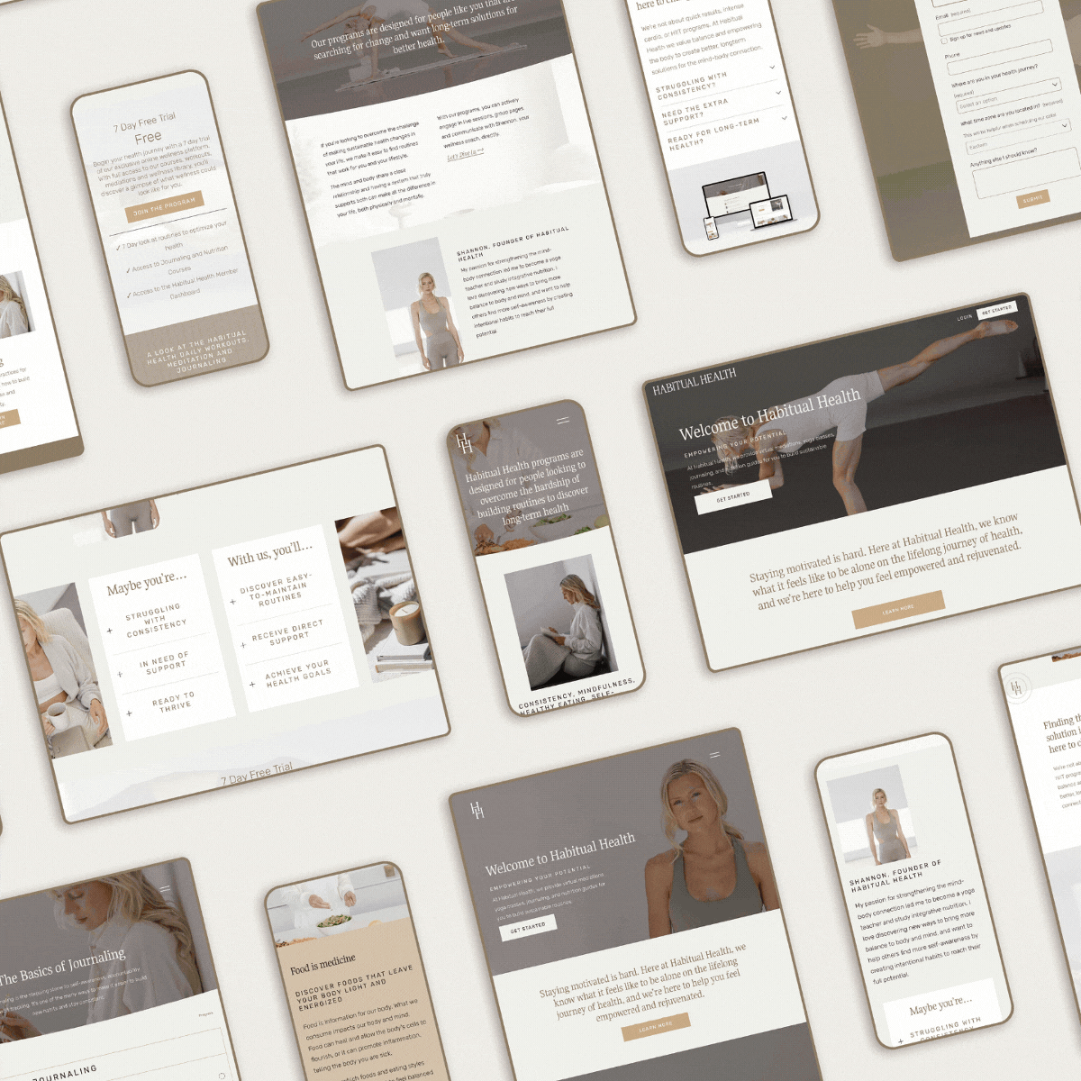 Minimalist and calming brand identity for Habitual Health, featuring soft neutrals, clean typography, and a wellness-focused aesthetic