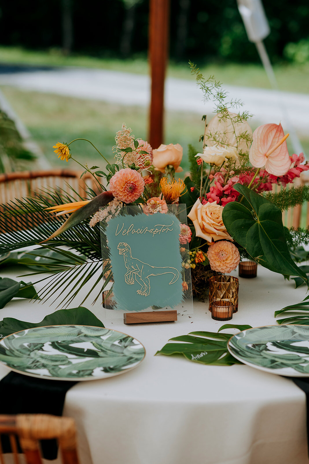 Jurassic Park table placements for Helen and Mark's Squamish Wedding at Cheekeye Ranch