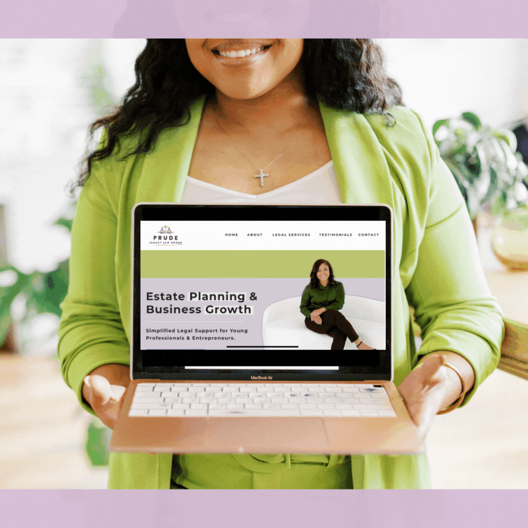Smiling woman in a green jacket presenting a laptop screen displaying the Prude Legacy Law Firm website, focusing on estate planning and business growth