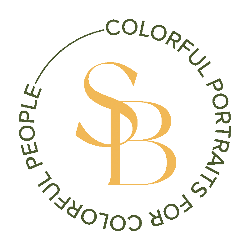yellow SB monogram with "colorful portraits for colorful people" spinning around it