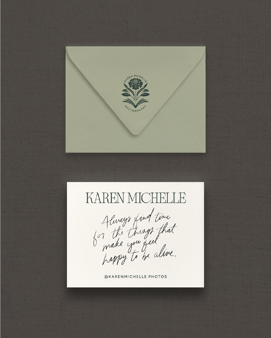 Karen Michelle Photography stationery featuring handwritten quote and brand floral mark on envelope.