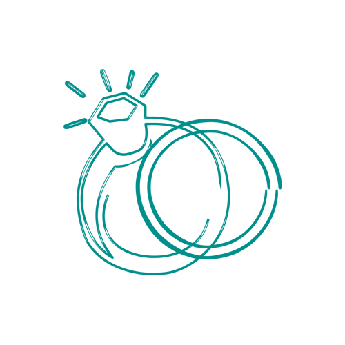 Teal hand drawn icon of two interlocking rings.