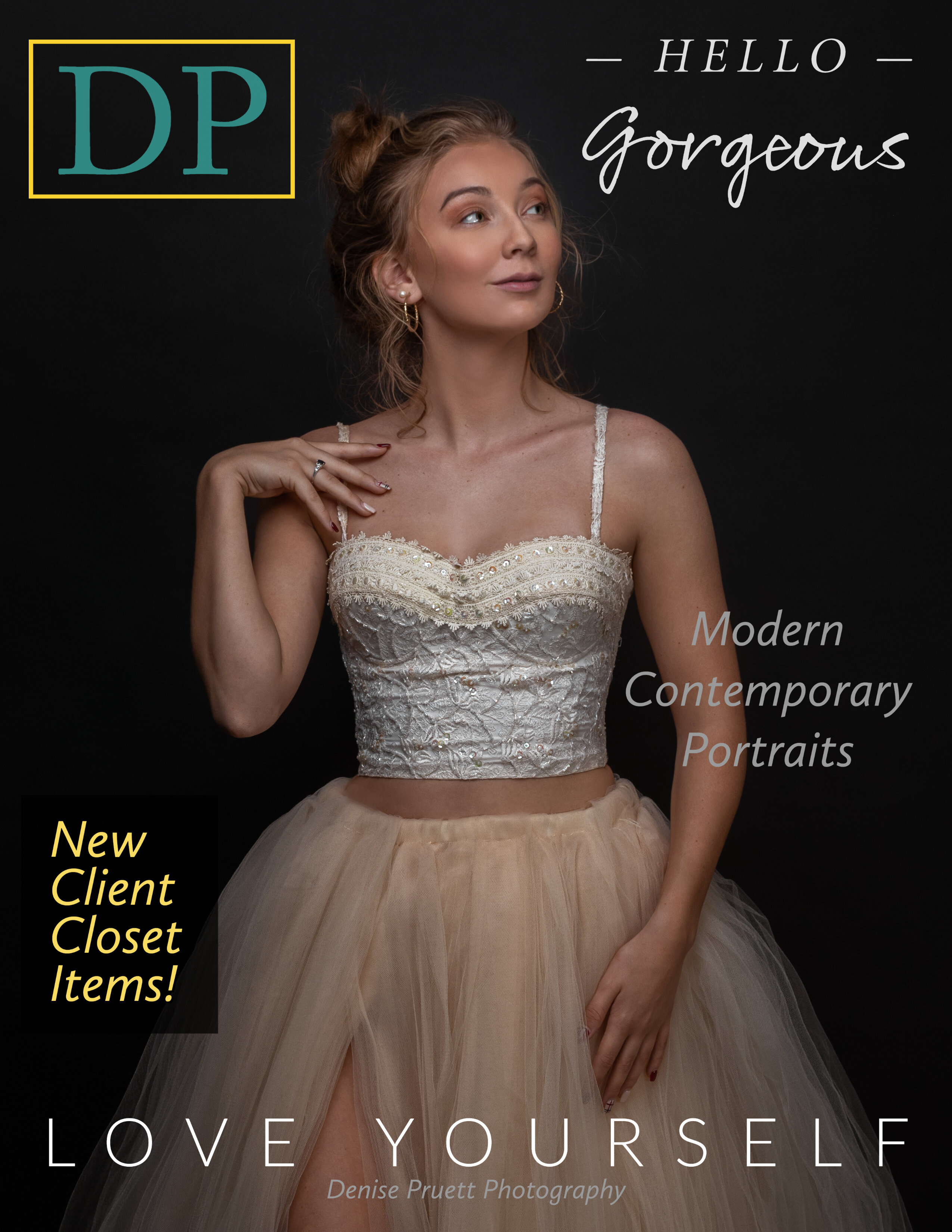 lady looking sideways in a luxury dress in a studio with right hand on right shoulder