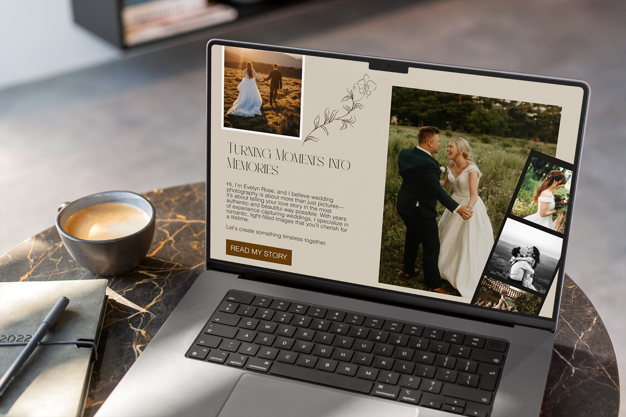 Romantic and refined web design for a creative wedding photographer
