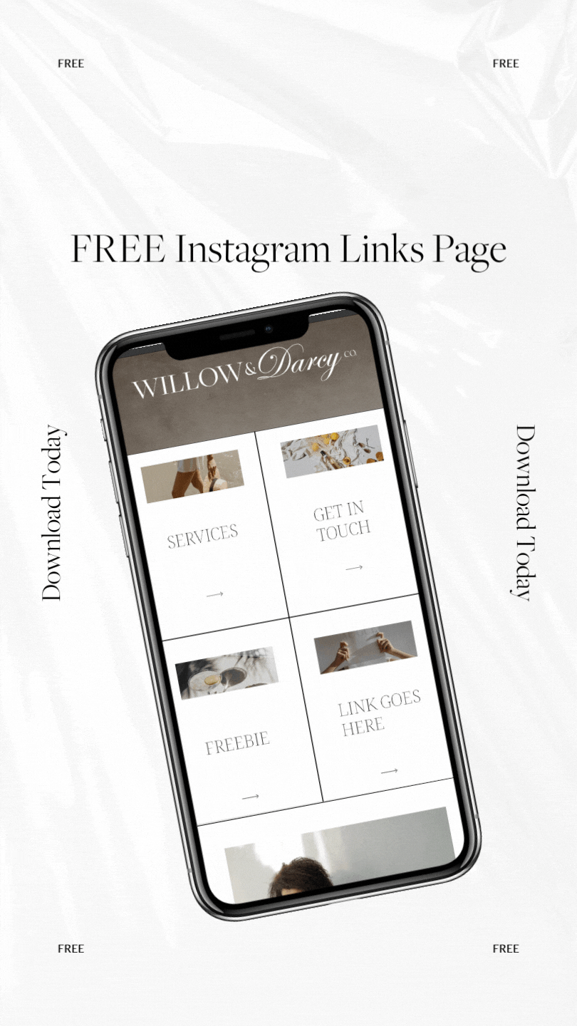 Showit website template for instagram links page. Three layouts flash in a gif. The words: "willow + darcy" from a luxury branding client are at the top of the layouts.