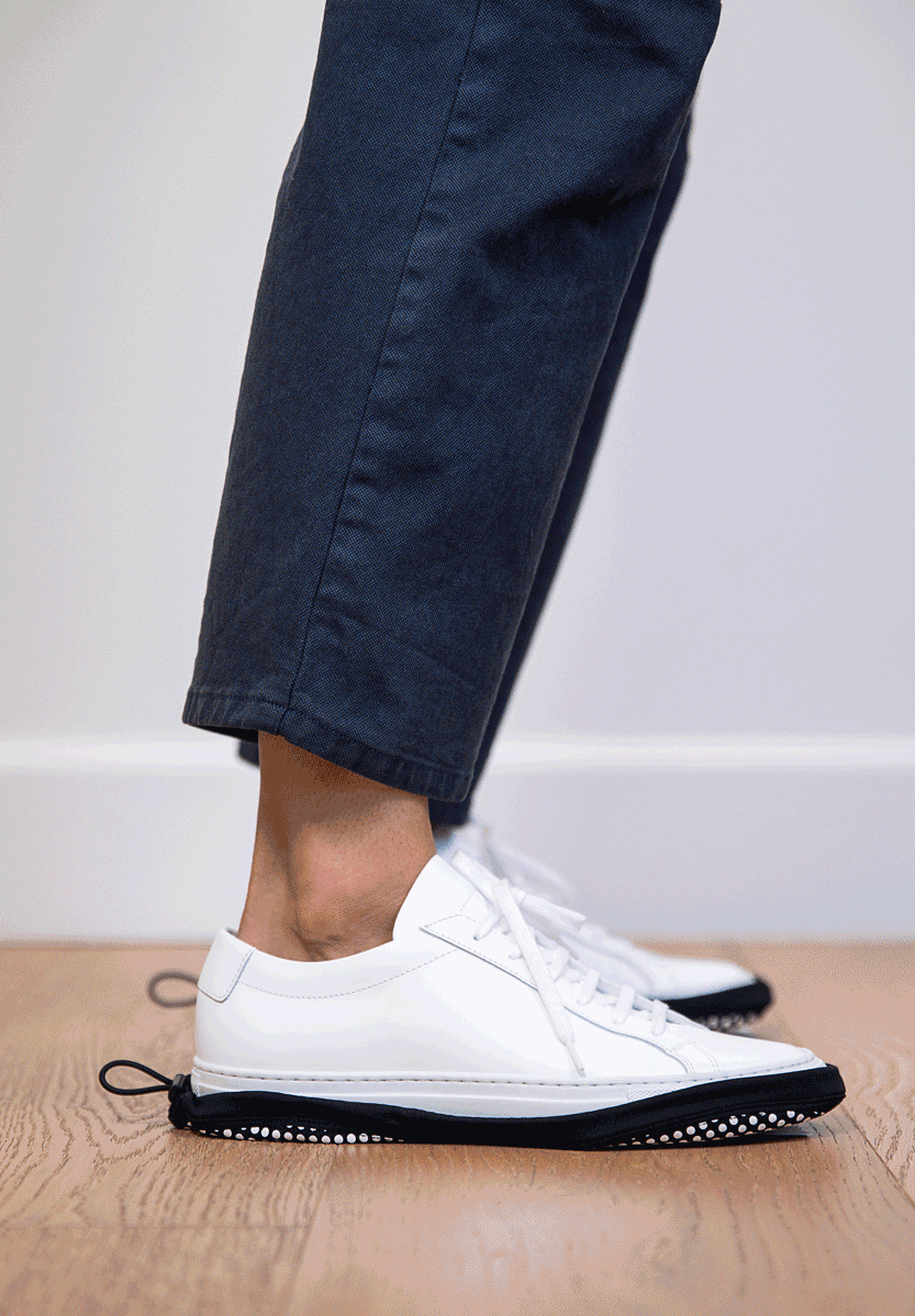 Rotating image of reusable shoe covers on different types of shoes for women and men