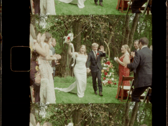Bride and groom exit their ceremony on super 8 film.