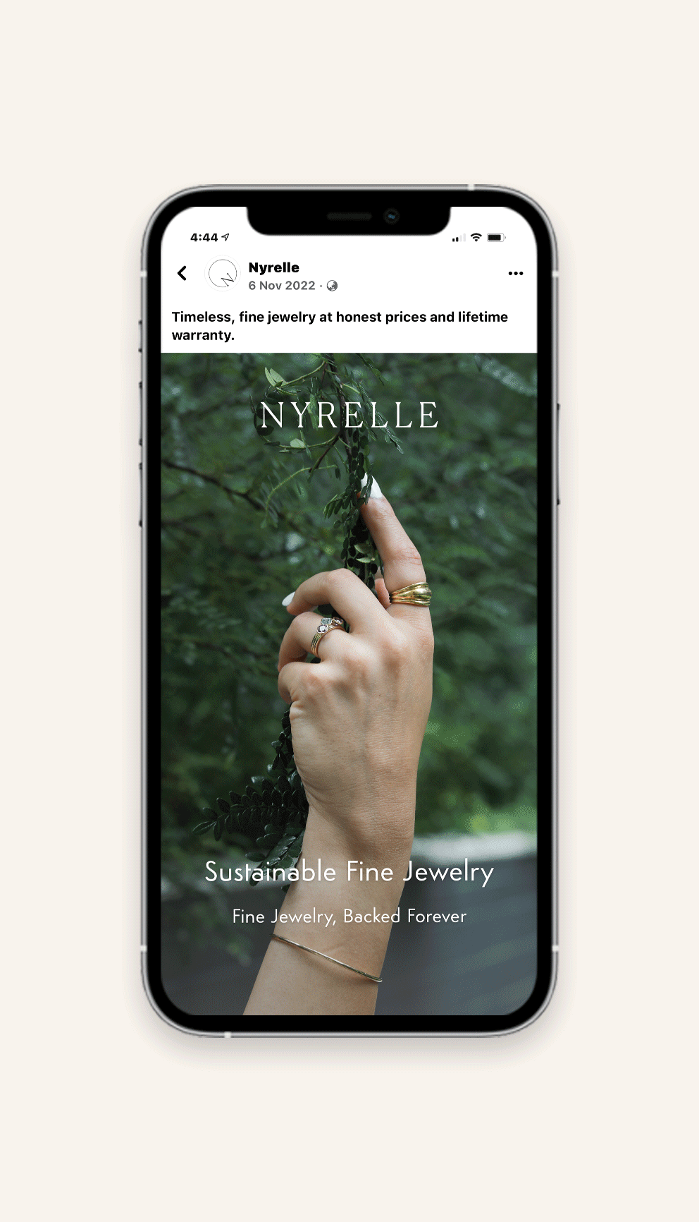 Social media paid advertising design service for eCommerce fashion and jewelry brands, featuring evergreen Facebook video ad promoting brand features.