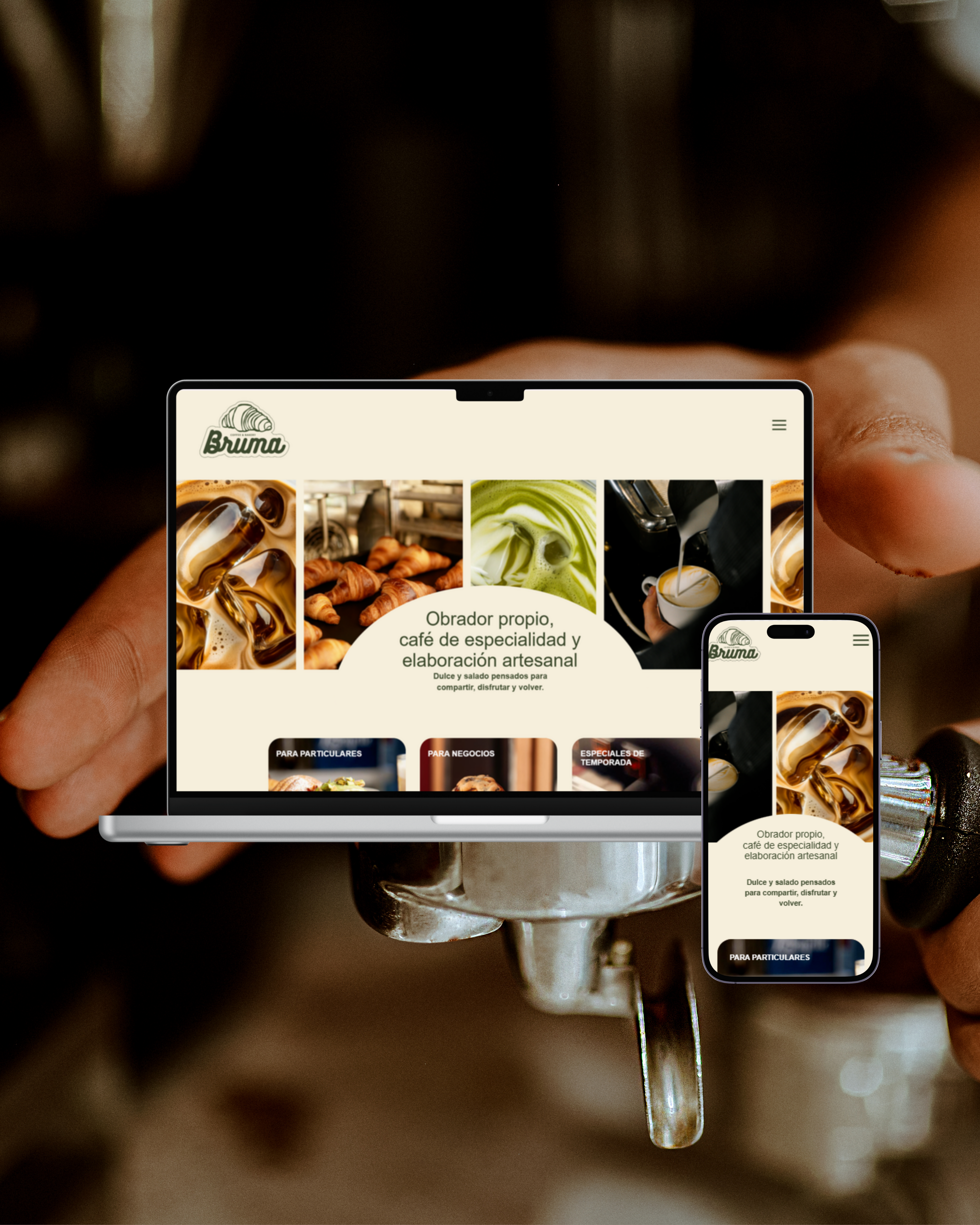 Mockup de diseño web para cafetería, desarrollado en Showit
