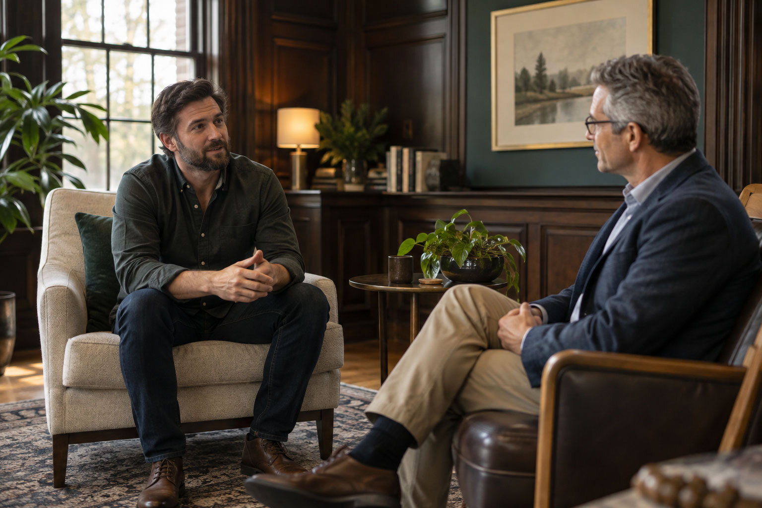 A man having an open conversation with his therapist