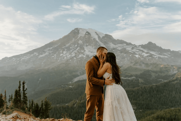 bride and groom  in redwoods