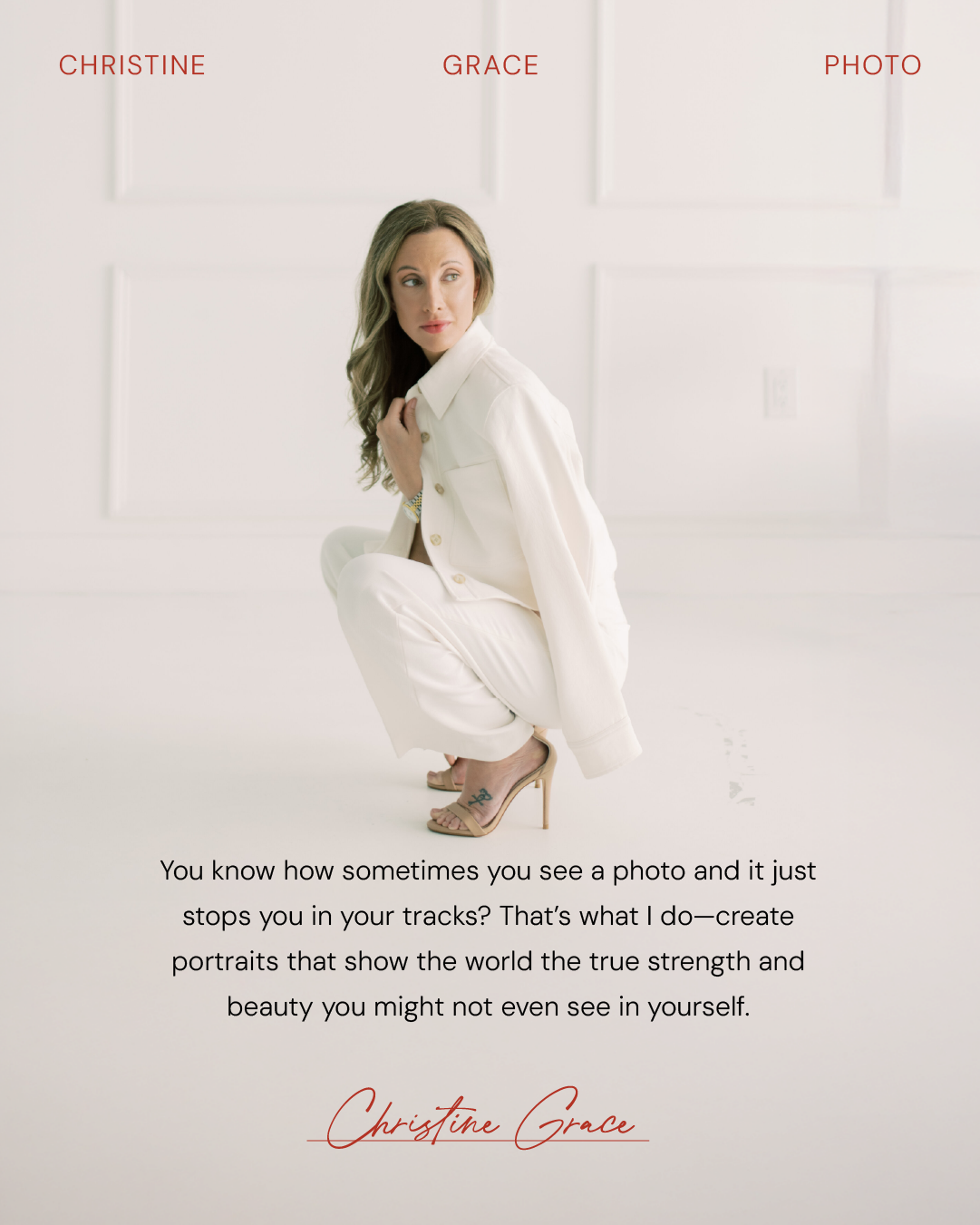Branding card of branding photography client kneeling in an all-white outfit, with Christine Grace signature logo and elegant red serif header.