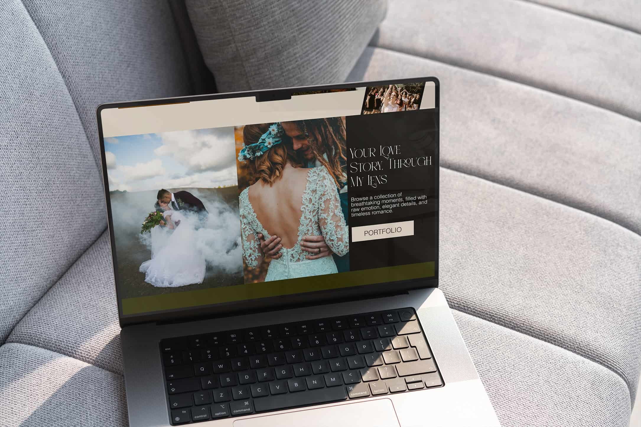 Custom homepage and portfolio page designed for a luxury wedding photographer