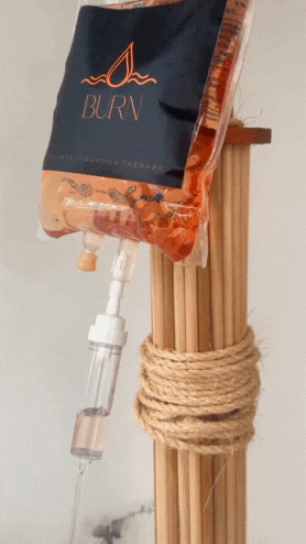 GIF of IV Vitamin Therapy Burn Blend bag, containing MIC, B12, L-carnitine, Taurine, B complex, Vitamin C, B5, and B6, designed to support weight loss, reduce food cravings, and help break diet plateaus at Refined Medical NY in East Setauket Long Island