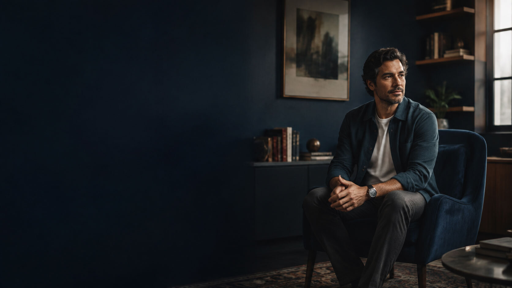 A man seated in a quiet navy therapy office