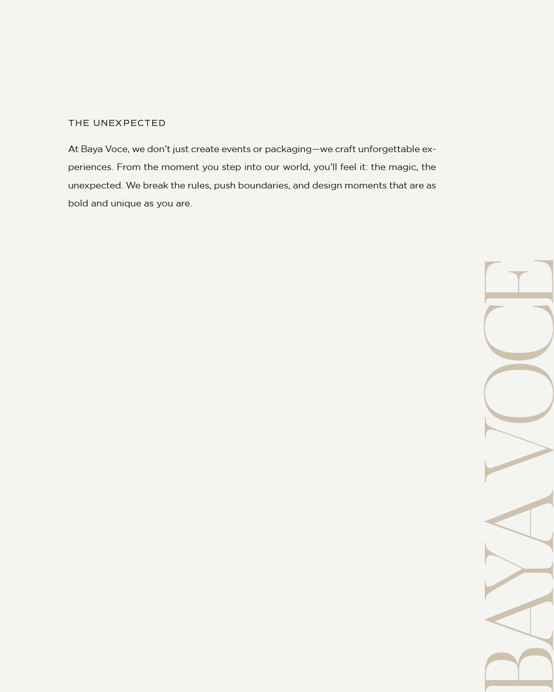 Brand messaging page for Baya Voce titled ‘The Unexpected,’ emphasizing her rule-breaking, immersive approach to design.