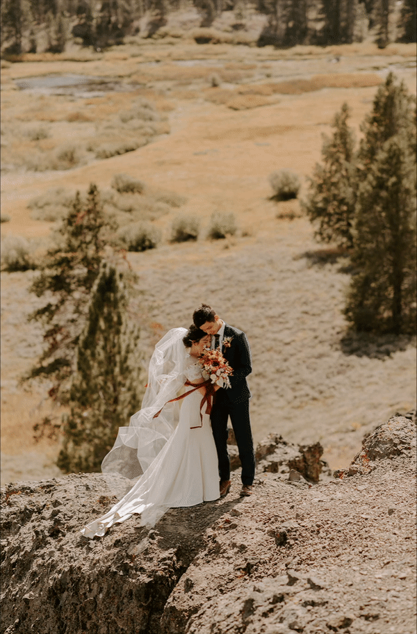 gif of bride and groom hugging as her veil blows in the wind