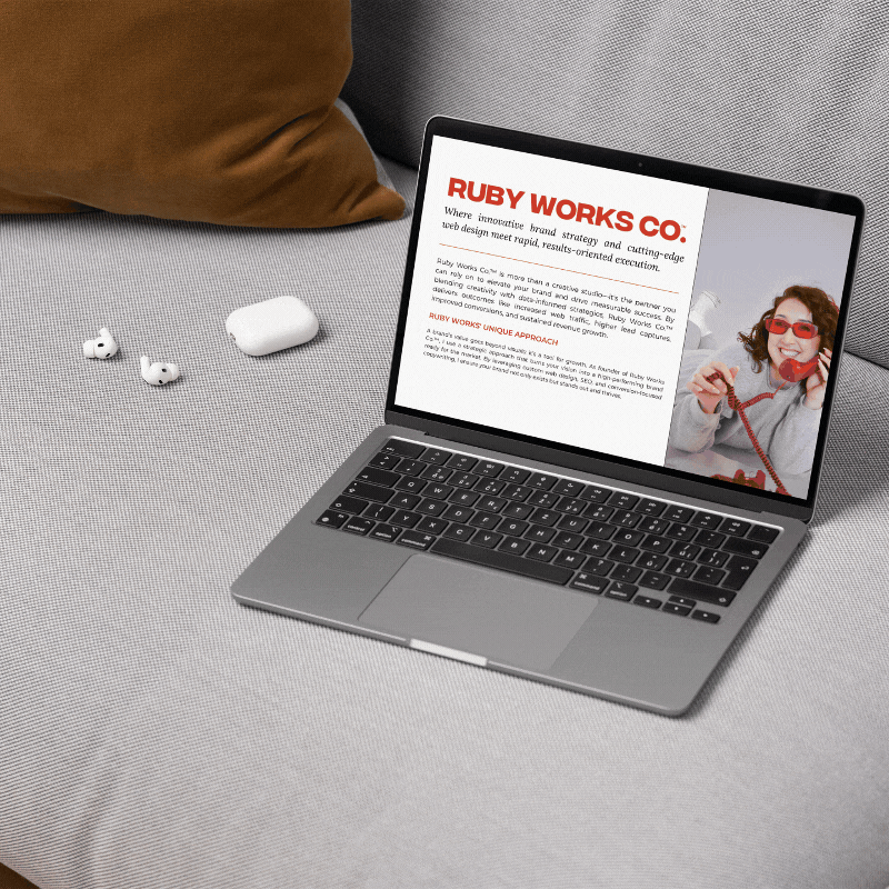 Animated preview of the Ruby Works Co.™ 2025 Services Guide, displaying expertly crafted mockups of branding, web design, and marketing packages. This GIF showcases the agency’s structured service offerings, including strategic brand identity development, custom website design, and conversion-driven digital marketing solutions."
