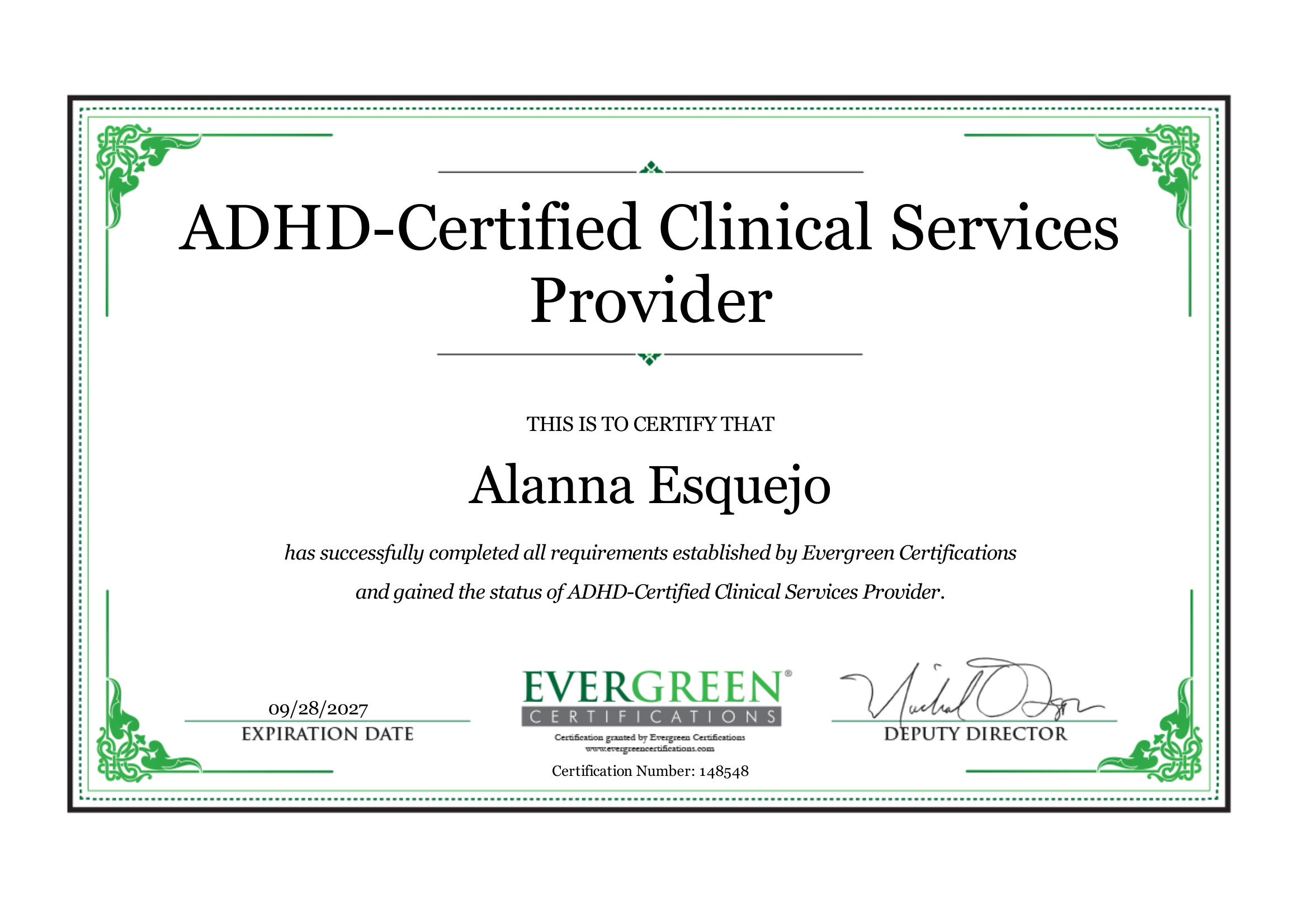ADHD-Certified Clinical Services Provider (ADHD-CCSP) certificate — Alanna Esquejo