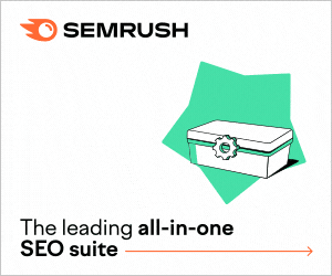 SEMrush logo, gif of a tool box, Text on image: The Leading all-in-one SEO Suite.