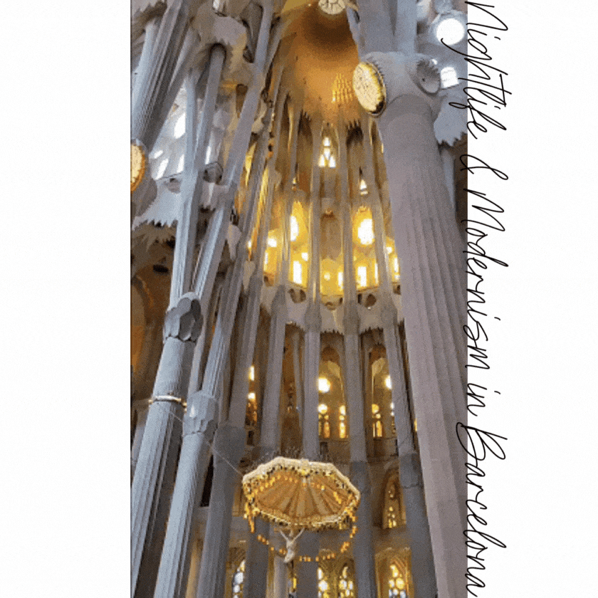 Soaring vaulted ceilings and intricate stonework inside the Sagrada Família in Barcelona, illuminated by golden light ©Stephanie Dosch | theViatrix Barcelona Custom Travel Guide