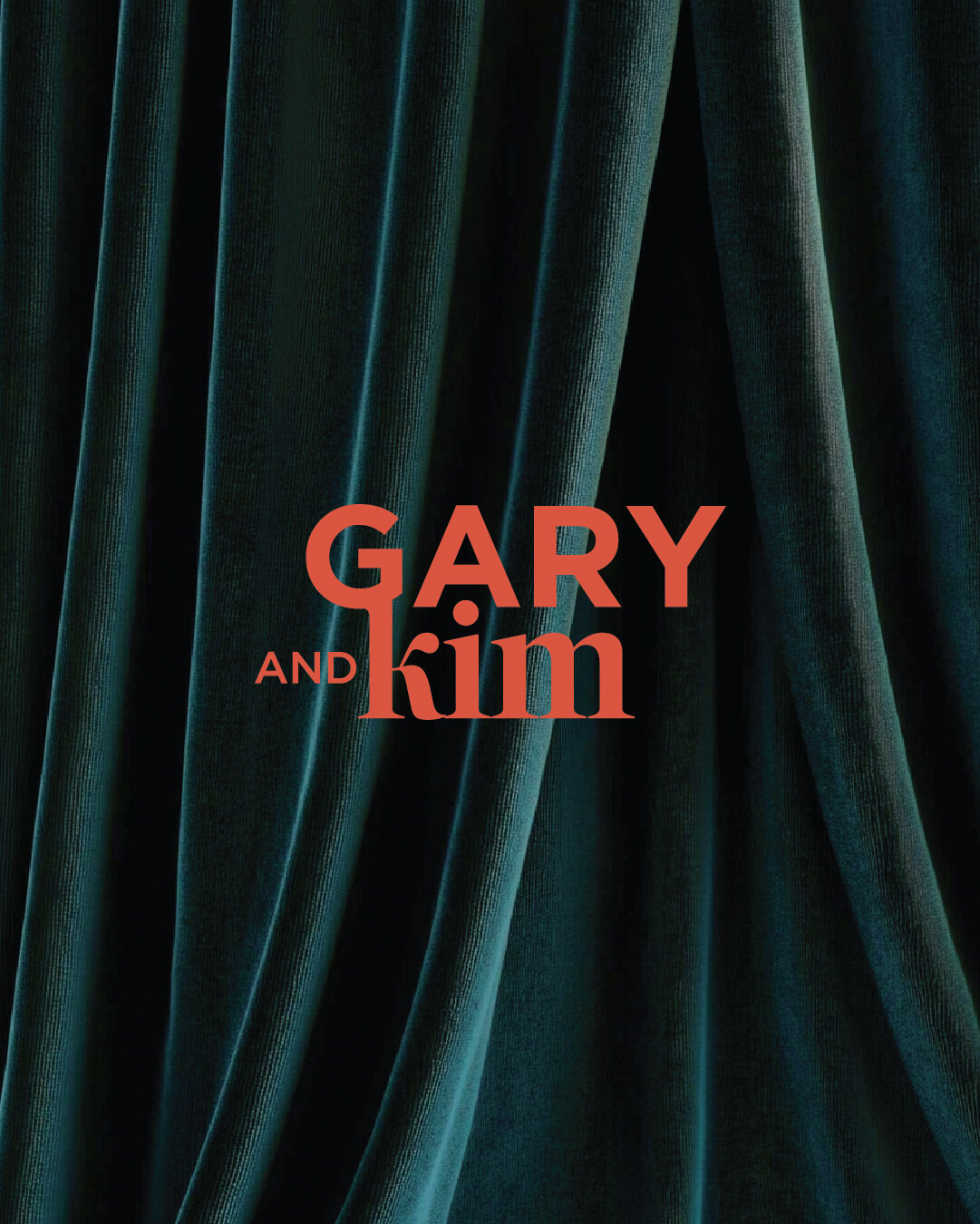 Alternate logo version for Gary and Kim in bold red against rich velvet drapery, showcasing the dramatic, editorial tone of the brand.