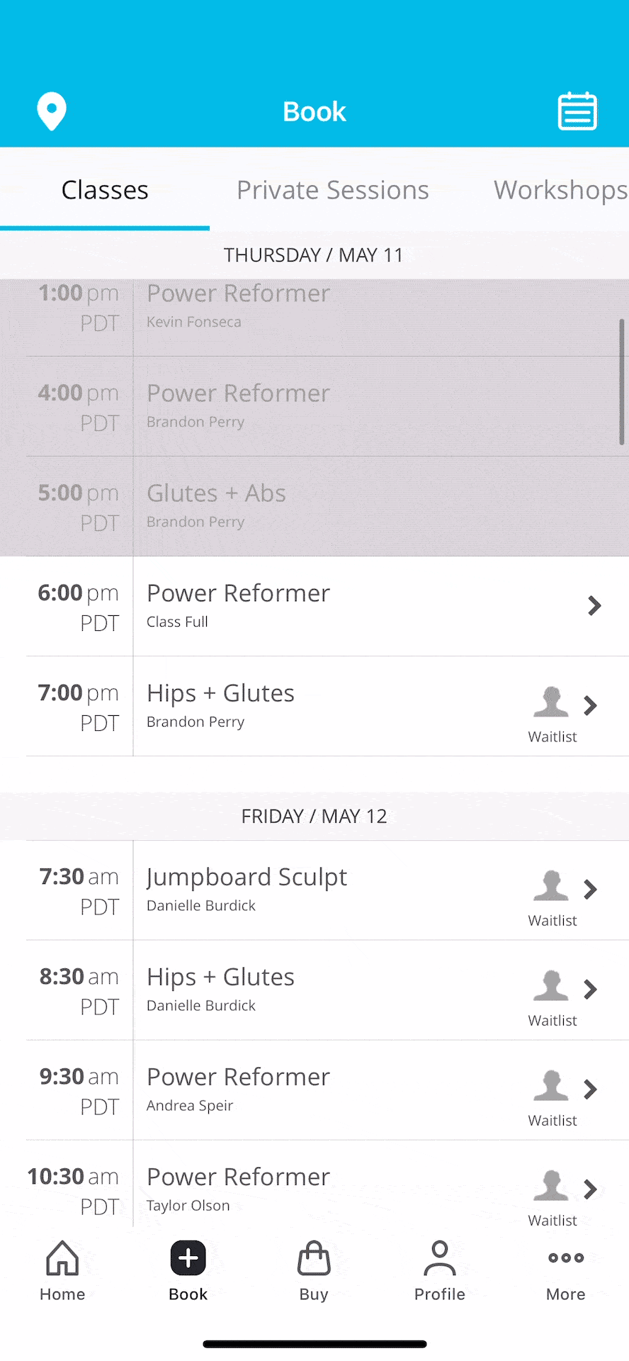 GIF of booking a class through the Speir Pilates App