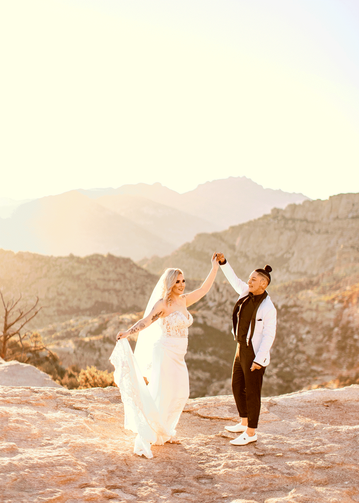 Elopement couple in wedding attire on Mount Lemmon, Tucson, Arizona.