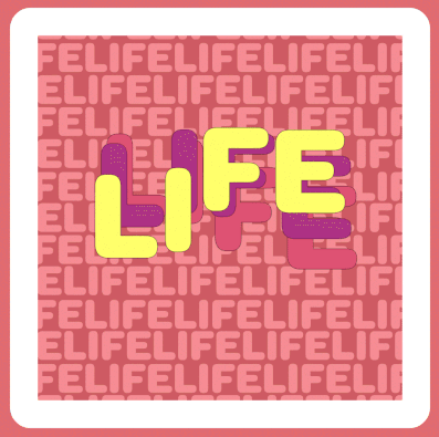 Text animation depicting bouncy colour text “life is short”