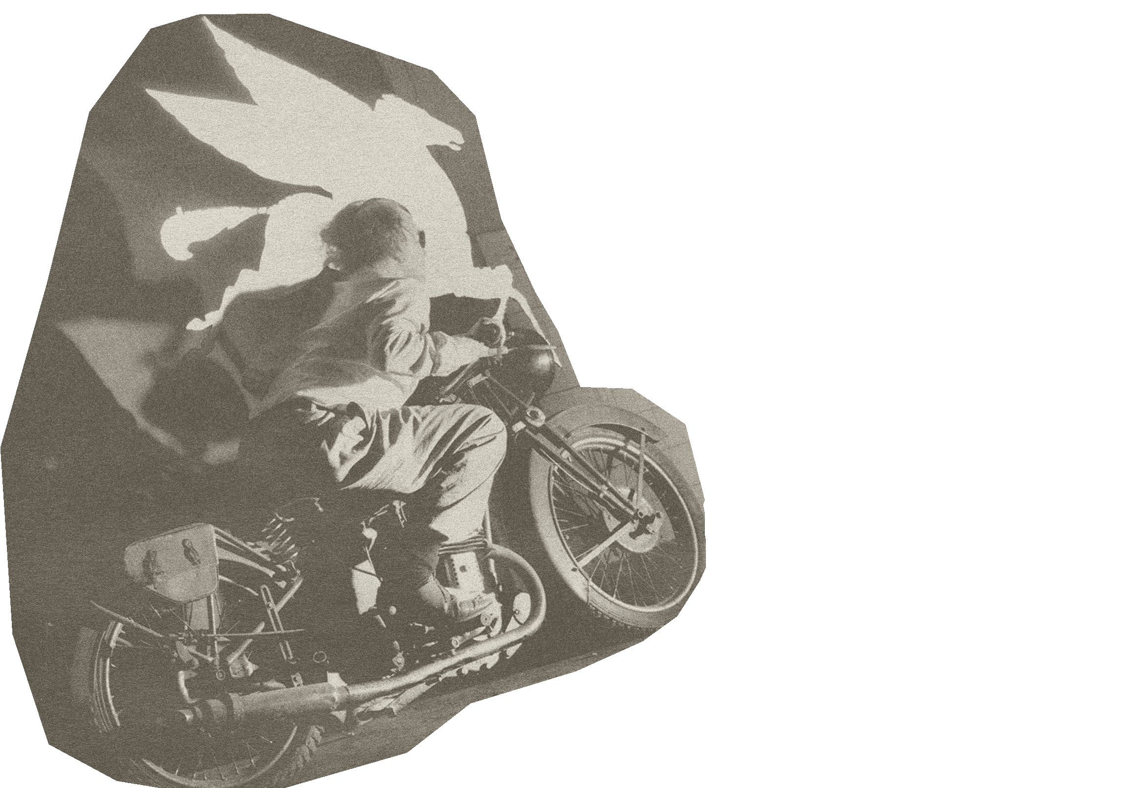 Motorcyclist collage cutout zooming away