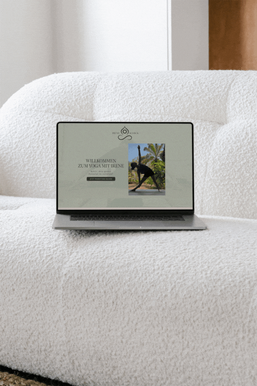 Mockup einer Website für Yogalehrerin Irene, minimalistisch gestaltet