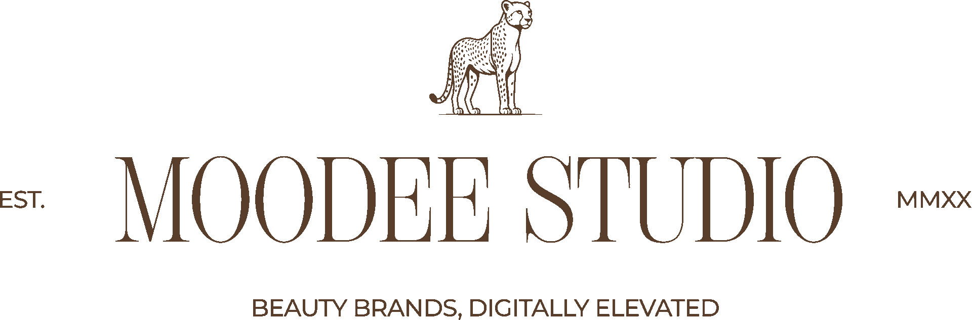 Logo for Moodee Studio featuring brown tones, a cheetah and an established date of 2020.
