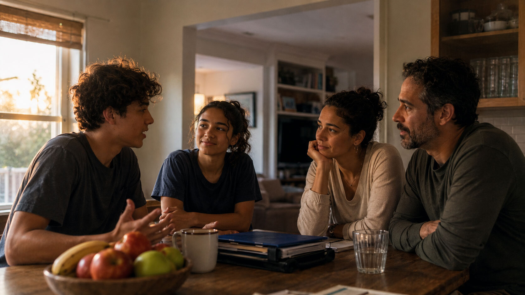 A young man talking with his family at home