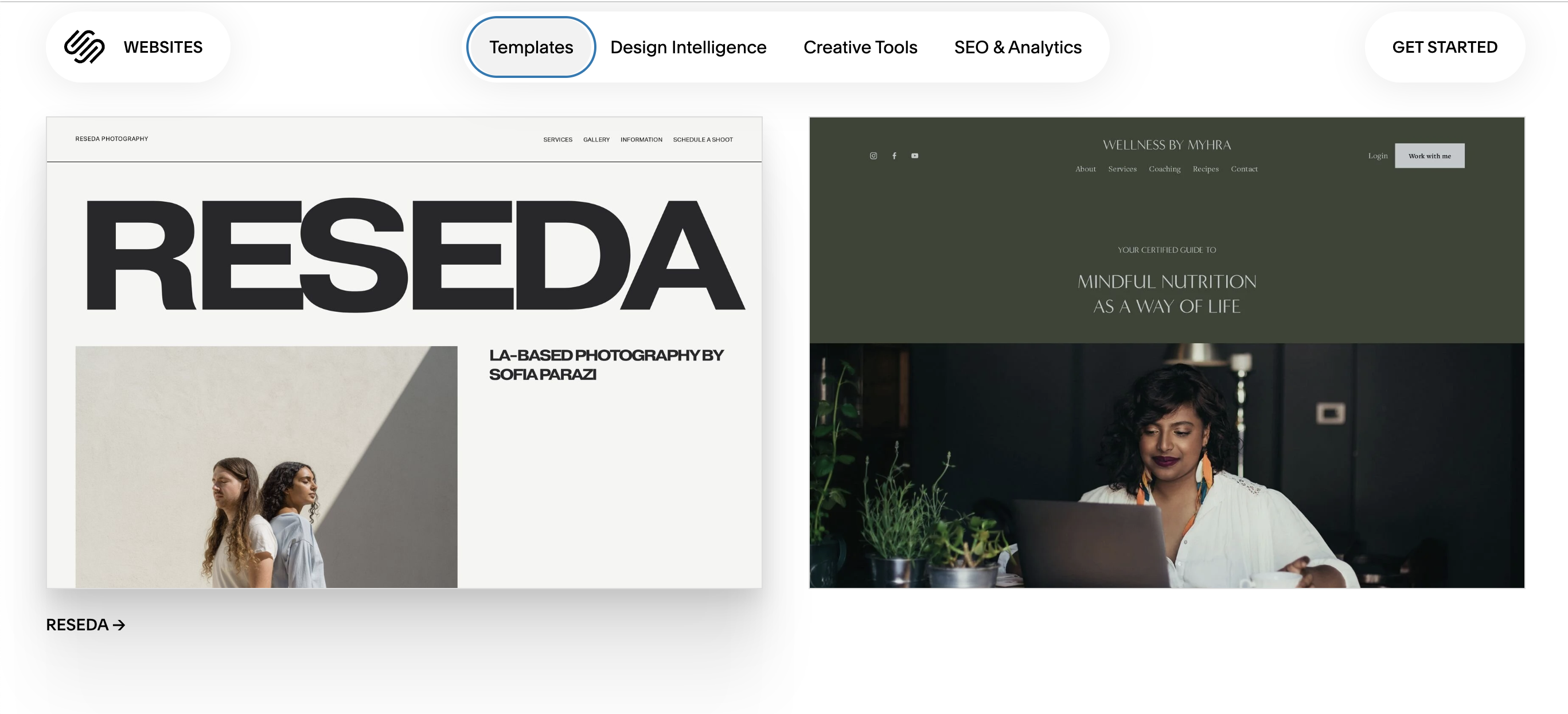 Squarespace website builder interface for photographers