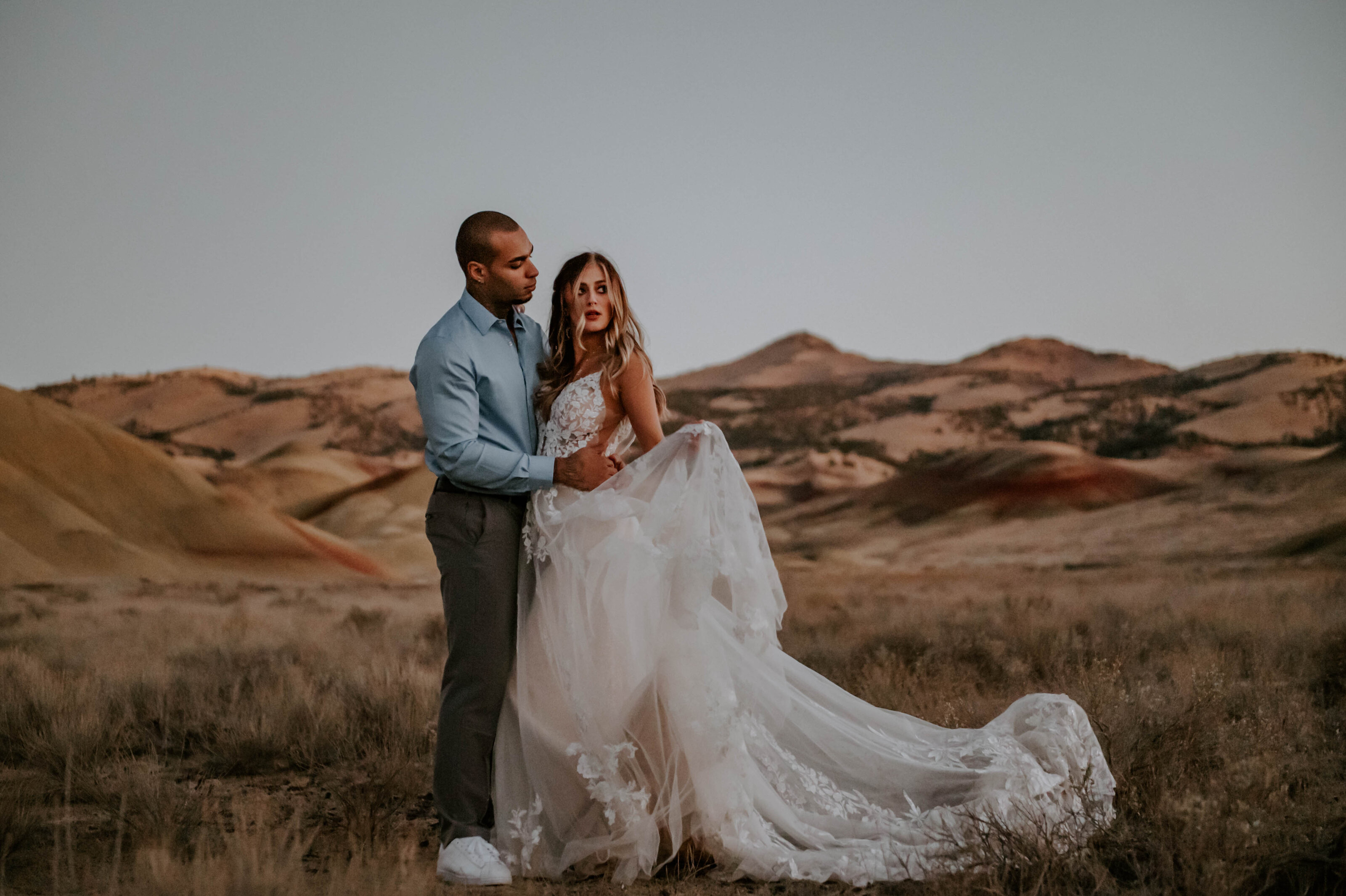 painted, hills, bend, oregon, elopement, photographer, wedding, blue, hour, dusk, wedding, dress, boho, bridal, shop