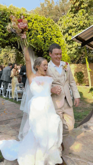 GIF video of bride and groom, wedding details, and a wedding party