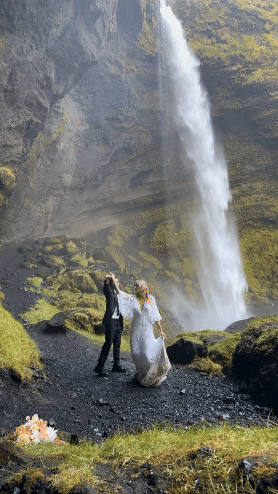 waterfall iceland elopement couple dancing