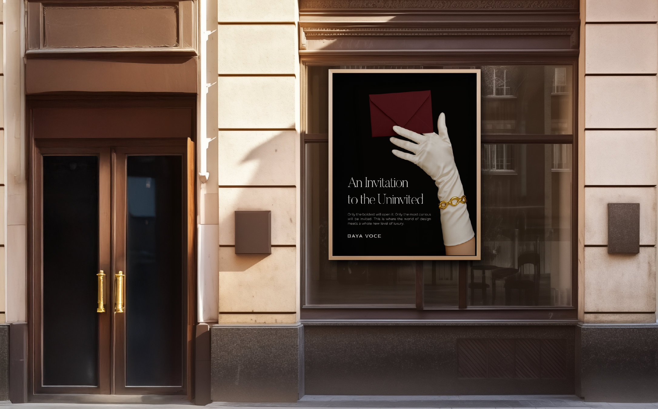 Street-facing advertisement of Baya Voce’s ‘An Invitation to the Uninvited’ concept, featuring a gloved hand and burgundy envelope—mysterious, luxe, and cinematic.
