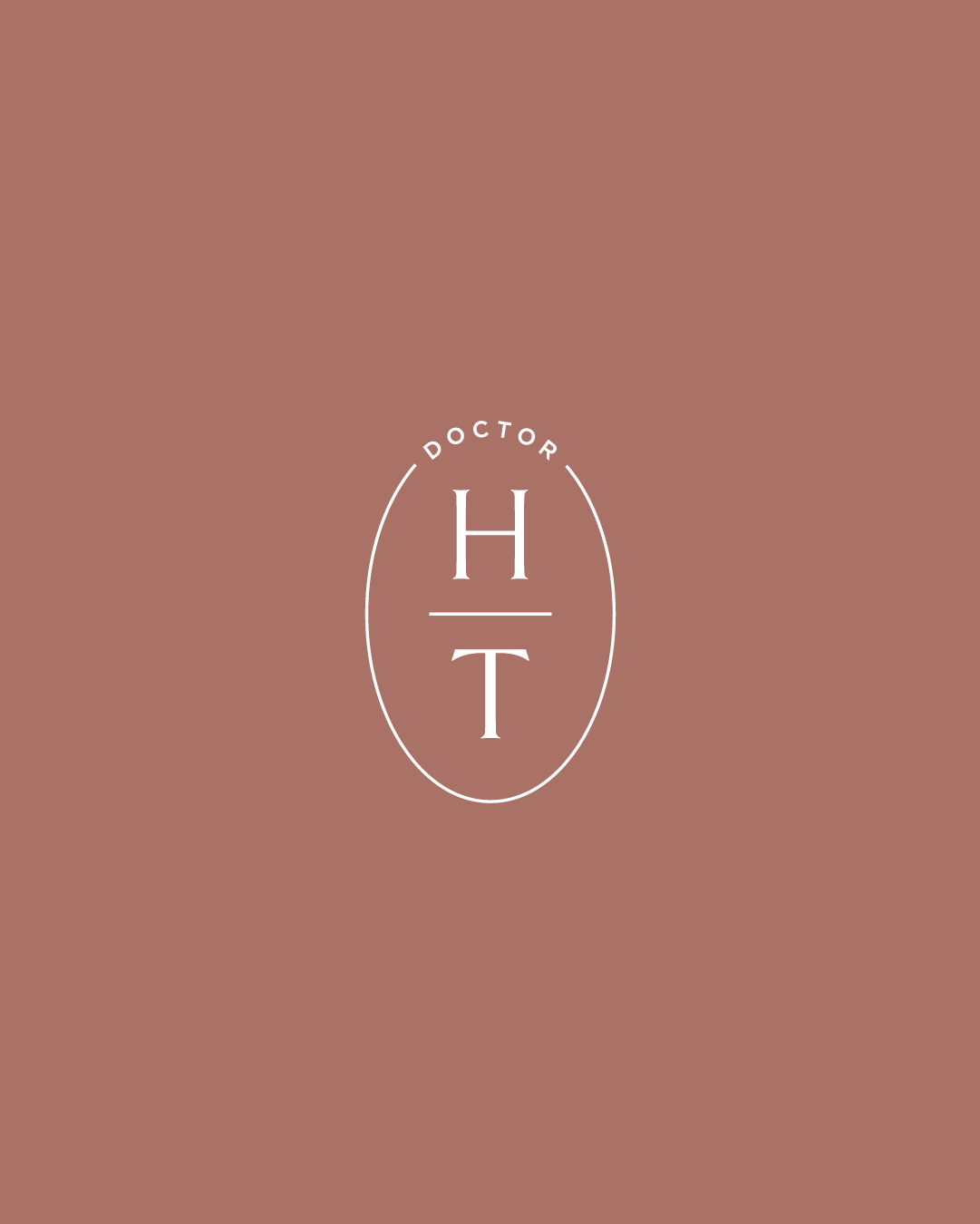 HT monogram logo with “Doctor” in a refined serif font on a warm terracotta background, part of Dr. Hillary Taggart’s brand identity.