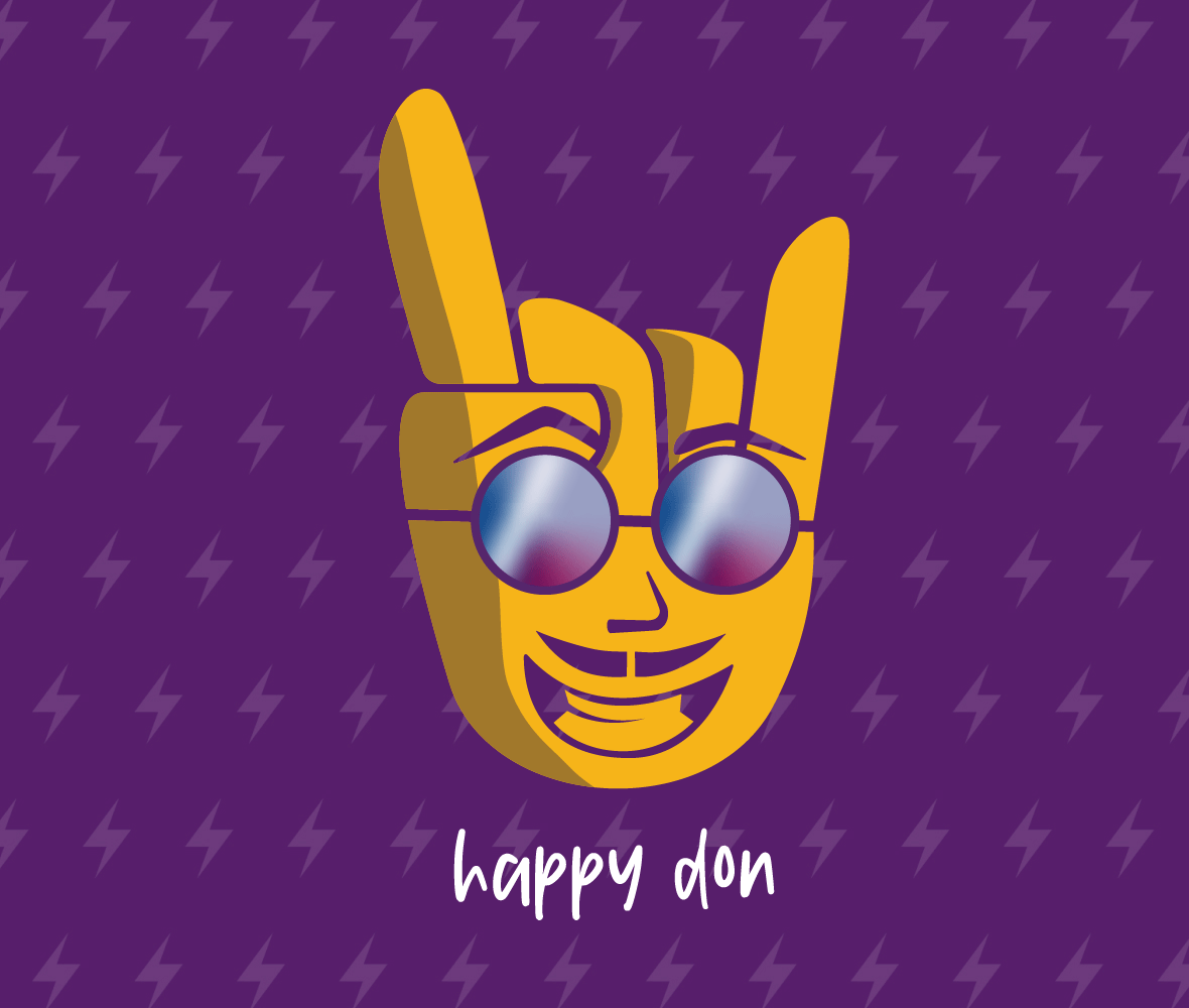 Mascot illustration of a rocker hand symbol with a smiling face on it with reflective sunglasses, flipping through multiple expression from happy, sad to worried.