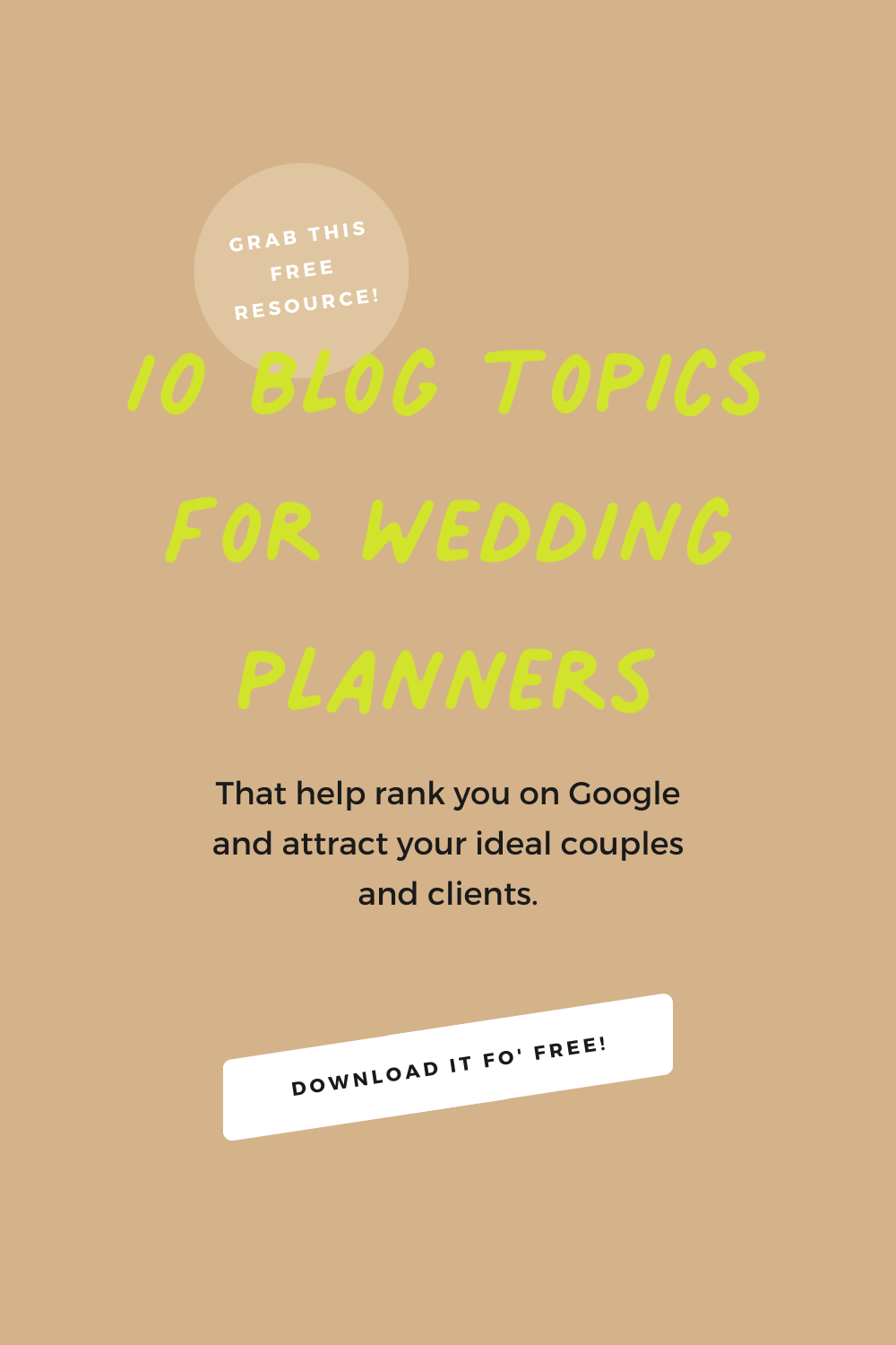 Elevate your wedding planning blog with our 10 free high-ranking blog topics. These ideas are keyword-focused to ensure your posts rank well on Google, drawing your ideal clientele to your site. Download your free guide to wedding planner blog topics today and take the first step towards creating irresistible content that stands out!