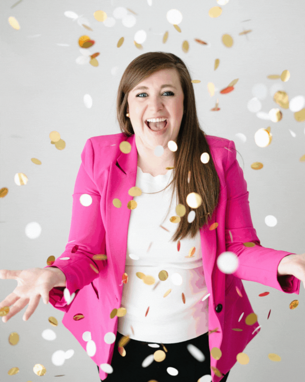 3 image GIF of Pinks & Greens Travel Co. CEO Rachel Salley. In the images she throws gold confetti in the air, smiles while wearing pink glitter Mickey Mouse ears, and holds out multiple pairs of mouse ears in front of her.