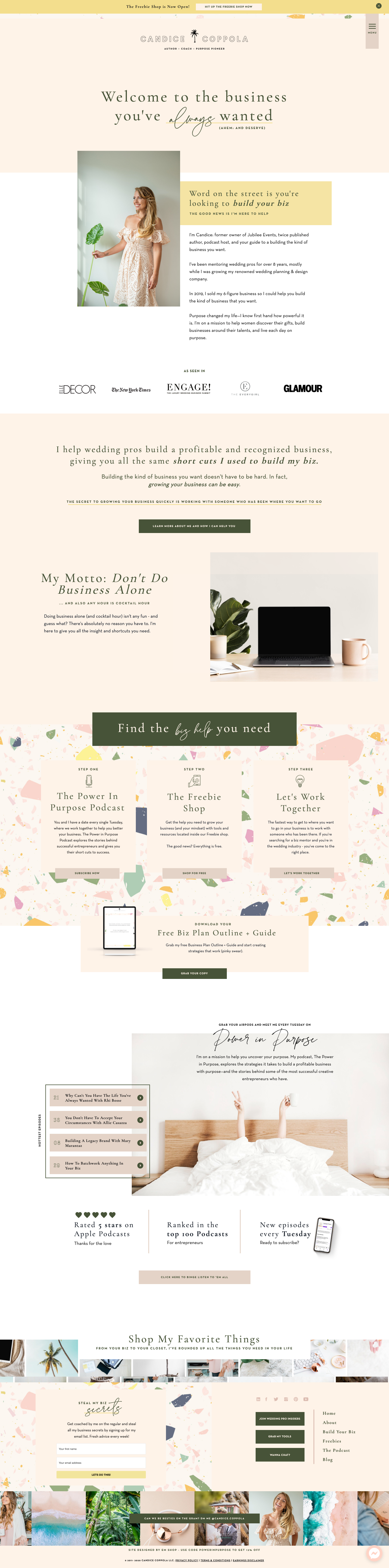 Showit Website template by Elizabeth McCravy for wedding industry business coach, Candice Coppola. Customized showit template for coaches & online business owners.